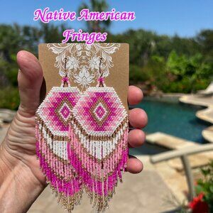 Handmade Beaded Native American Style Long & Large Fringe Dangle Drop Earrings